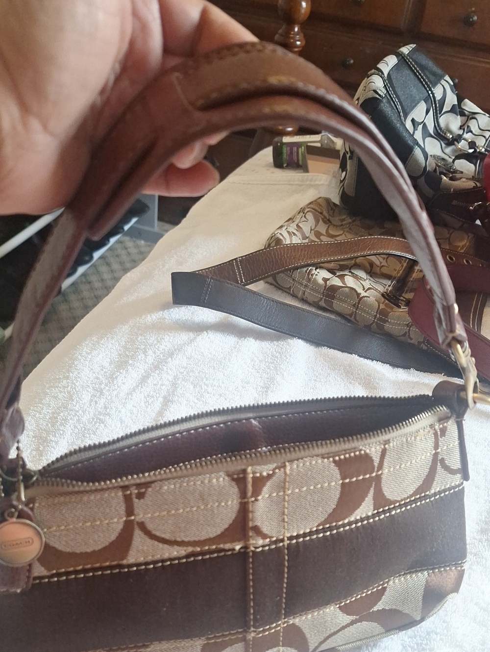 Coach Brown and Tan Signature Jacquard Wristlet
